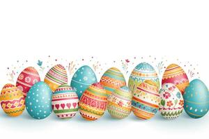 AI Generated Happy easter text design. Easter greeting card with colorful and pattern eggs for spring holiday season background photo