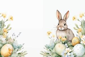 AI Generated Happy Easter watercolor card, banner, border with cute Easter rabbit, eggs, spring flowers and chick in pastel colors on light green white background. Isolated Easter watercolor photo
