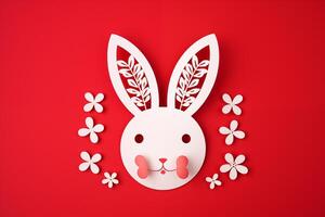 AI Generated Happy Easter greeting card with white paper cut Easter Bunny Ears isolated on a red background photo