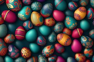 AI Generated Happy easter text design. Easter greeting card with colorful and pattern eggs for spring holiday season background photo