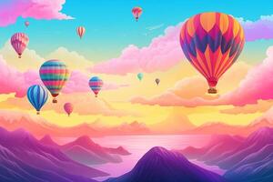 AI Generated Illustrate a background depicting an Easter dawn scene with colorful egg-shaped hot air balloons floating in the sky photo