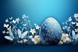 AI Generated Illustration of Happy Easter Holiday with Painted Egg, Rabbit Ears and Flower on Shiny Blue Background. International Celebration Design with Typography for Greeting Card, Party photo