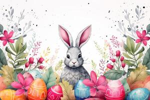 AI Generated Lettering Happy Easter on abstract grunge background. Easter banner with rabbits, ears, holiday eggs and plants. Illustration with bunny can be used for holiday design, banners, greeting photo