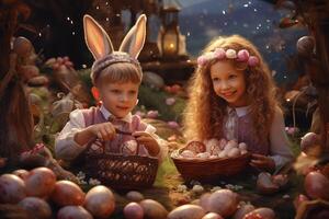 ai generado es Pascua de Resurrección, el niños celebrar por apertura de colores huevos, comiendo chocolate en un festivo atmósfera foto