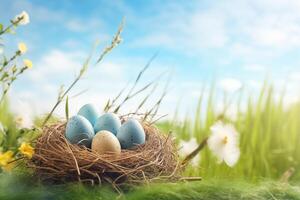 AI Generated Nest with easter eggs in grass on a sunny spring day - Easter decoration, banner, panorama, background photo
