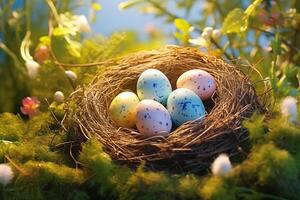AI Generated Nest with easter eggs in grass on a sunny spring day - Easter decoration, banner, panorama, background photo