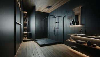 ai generado elegante oscuro baño interior con un grande ducha, ejemplificando moderno minimalismo el dominante color esquema foto