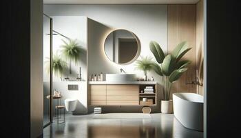 AI Generated modern minimalist bathroom interior. The bathroom features a modern bathroom cabinet with a white sink atop a wooden photo