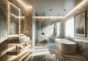 AI Generated interior of a modern bathroom, where marble is the primary material used in the design photo