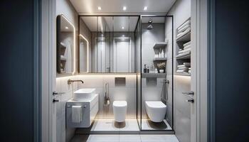 ai generado pequeño baño con un moderno diseño estilo. el espacio, aunque compacto, es eficientemente y elegantemente diseñado foto