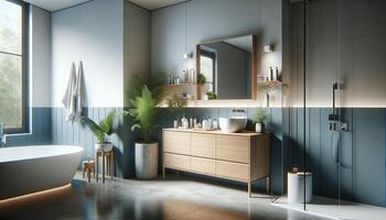 AI Generated minimalist bathroom interior. The scene features a contemporary bathroom cabinet with a white sink set atop photo