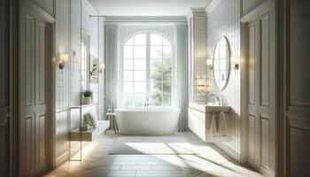 AI Generated bright and elegant bathroom with a window. The design showcases a spacious and airy atmosphere, with a color scheme photo