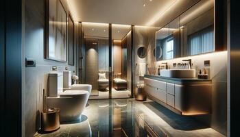 AI Generated photorealistic image of a luxury modern design bathroom and toilet. The bathroom features high-end, contemporary fixtures and fittings photo