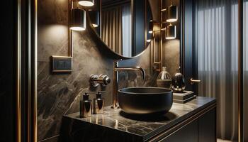 AI Generated luxury interior in an apartment bathroom. The scene features a stainless steel faucet, adding a sleek and modern photo