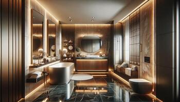 AI Generated luxurious and elegant bathroom interior. The design showcases high-end finishes and fixtures, contributing to an atmospher photo