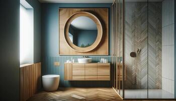 AI Generated eco interior design bathroom. The bathroom features a wooden frame of a round mirror on a blue wall photo