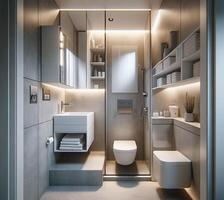 ai generado pequeño baño espacio con un moderno estilo interior diseño. el baño, aunque compacto, es eficientemente y elegantemente foto