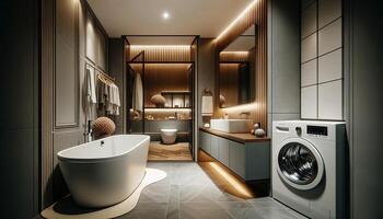 AI Generated interior of a stylish bathroom in a modern apartment. The bathroom features a ceramic bathtub and a washbasin photo