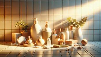 AI Generated objects placed on a white tile background, with warm sunlight shining through, creating a cozy and inviting atmosphere photo