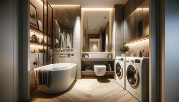 AI Generated interior of a stylish bathroom in a modern apartment. The bathroom features a ceramic bathtub and a washbasin photo