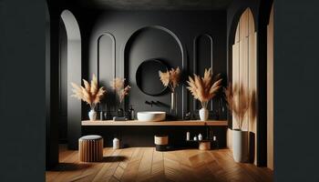 AI Generated Interior of a modern dark bathroom featuring black walls and a wooden floor, creating a bold and sophisticated atmosphere photo