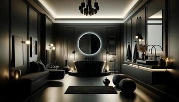 AI Generated Black modern luxury bathroom interior design ideas. The bathroom features sleek black walls and flooring, creating a sophisticated and elegant photo