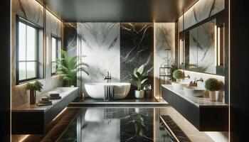 AI Generated Modern luxury bathroom interior with a side view mock-up. The design features dark marble background walls, creating a sophisticated photo