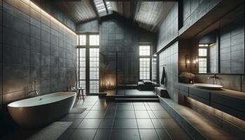 AI Generated Interior of a spacious loft bathroom designed with a spa concept. The bathroom features dark grey tiled walls, creating a modern and sophisticated photo