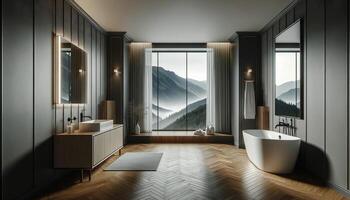 AI Generated Stylish gray bathroom interior with a modern and elegant design. The room features a parquet floor and a large window offering a breathtaking mountain photo