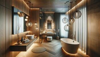 AI Generated Beautiful and modern bathroom interior design project, showcasing a luxurious and contemporary style photo