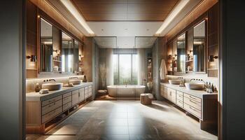 AI Generated Master bathroom design ideas showcasing a spacious and luxurious interior. The design features high-end materials and elegant fixtures photo