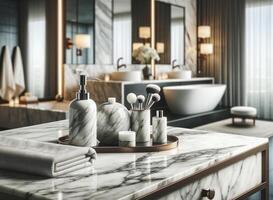 AI Generated White marble tabletop with a bath accessories set, providing a perfect space for product display or montage. The tabletop is in sharp focus, highlight photo