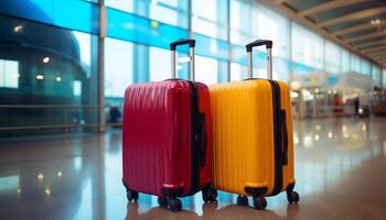 AI Generated The concept of tourism and travel. Suitcases at the airport. photo