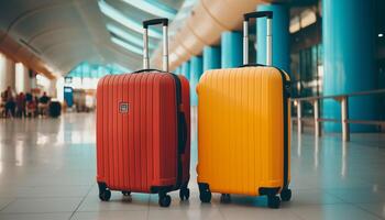 AI Generated The concept of tourism and travel. Suitcases at the airport. photo