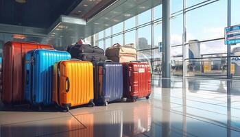 AI Generated The concept of tourism and travel. Suitcases at the airport. photo