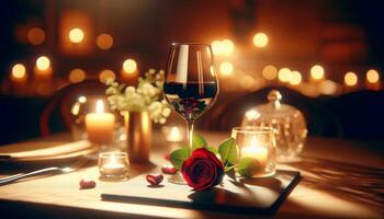 AI Generated A romantic scene with a glass of red wine, candles, and soft lighting, creating an intimate atmosphere for a special and cozy evening photo