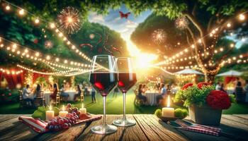 ai generado un festivo escena conjunto en un jardín o escénico al aire libre ubicación, presentando dos lentes de rojo vino en medio de naturaleza y fiesta decoraciones, encarnando el espíritu de al aire libre celebraciones foto