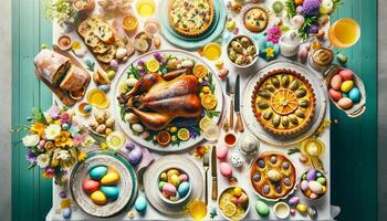 AI Generated Top-down view of an Easter celebration table, featuring roasted lamb, artichoke tart, Easter bread with colored eggs, and lemon dessert, with bright decorations photo