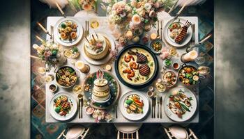 AI Generated Top-down view of a spring wedding reception, featuring seafood risotto, grilled lamb chops, a vegetable medley, and a tiered wedding cake, with romantic decorations photo