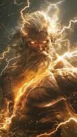 AI Generated A bearded man is engulfed in flames, surrounded by lightning photo