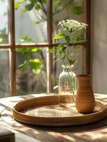 ai generado un lleno de flores florero descansa en un mimbre bandeja en un madera dura mesa por el ventana foto