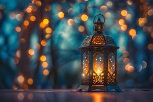 AI Generated A candlelit lantern illuminates a table with a warm glow photo