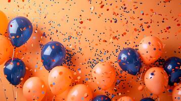 AI Generated Colorful orange and blue balloons and confetti on amber background photo