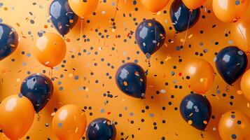 AI Generated Electric blue and orange balloons on a yellow background photo