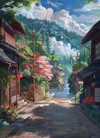 AI Generated Art painting of a narrow street with buildings, trees, and asphalt road surface photo
