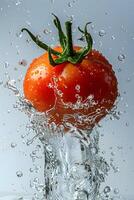 AI Generated A tomato, a natural food and plant, splashes into a glass of water photo