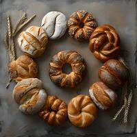 AI Generated A variety of bread types are displayed in a circular arrangement photo