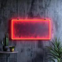 ai generado rojo neón firmar en rectángulo fuente cuelga en pared en habitación foto