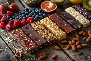 AI Generated Plantbased granola bars and fresh fruit displayed on a wooden table photo