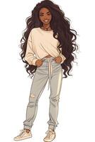 AI Generated Drawing of a smiling woman in white shirt and jeans with long hair photo